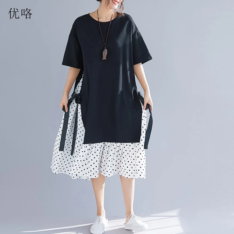 

New Arrival 2019 Summer Fashion Cotton Sundress Women Print Dot Beach Dress Plus Size Patchwork Casual Loose Long Dresses Femme
