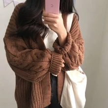 Осенний вязаный толстый свитер для женщин, Модный Harajuku Свободный теплый кардиган для женщин, для колледжа, на каждый день, с длинным рукавом, Женское зимнее пальто