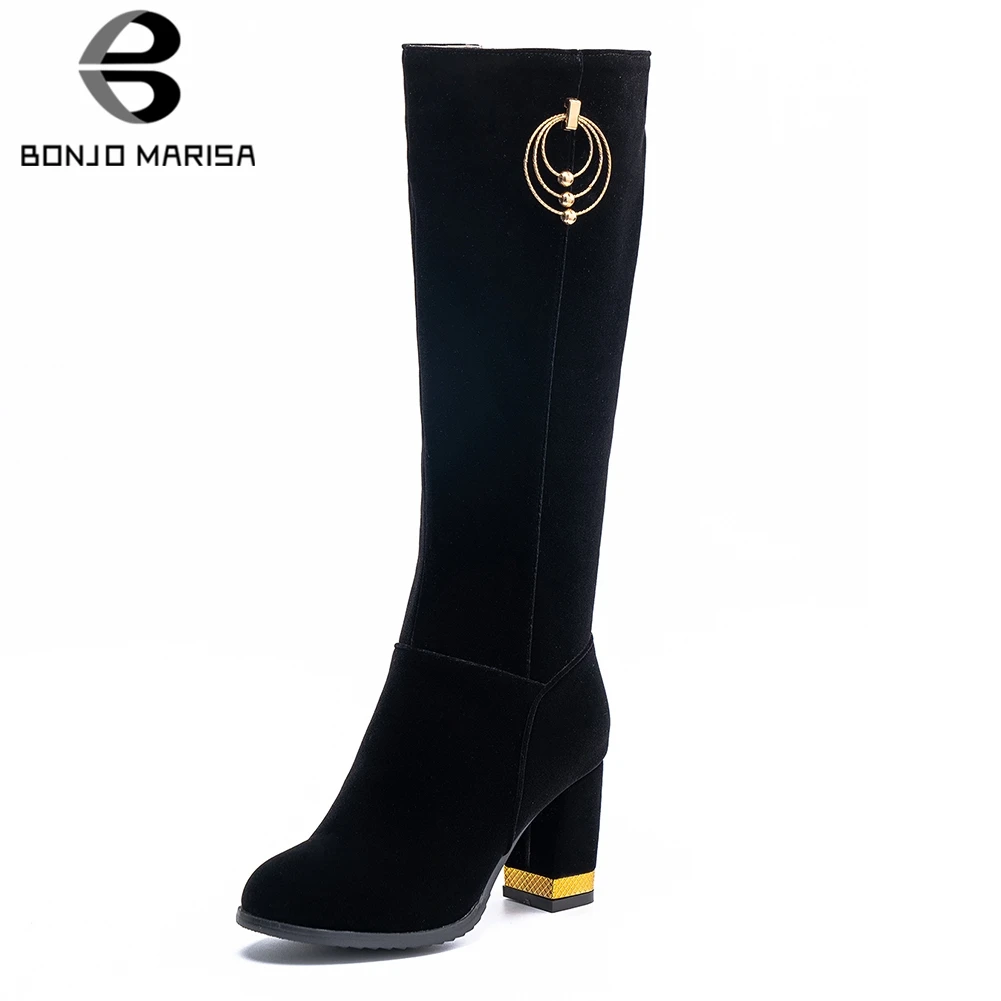 

BONJOMARISA 2019 Large Size 32-43 Casual Shoes Woman Boots Female Chunky Heels Black Red Mid Calf Boots Women Shoes Woman