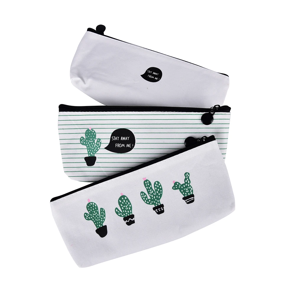 Creative Cute Kawaii Brief Style Green Cactus Canvas Large Capacity Pencil Bag Stationery Storage Organizer Case School Supply