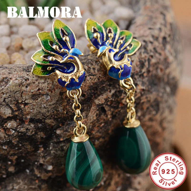 

BALMORA Female Retro Elegant Earrings 925 Sterling Silver Malachite Drop Earrings for Women Mother Lover Gift Jewelry SY31148