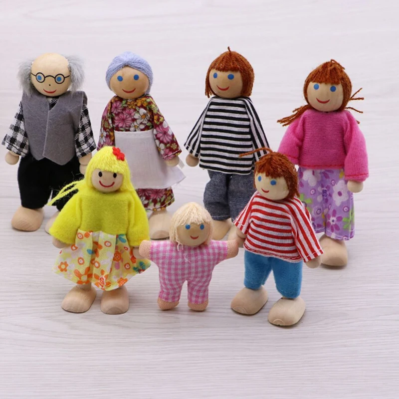 مجموعة الأطفال مرنة لعب دور الأسرة دمى الاطفال الجدة اثاث خشبي منزل مصغرة 7 الناس العلامة التجارية جديد