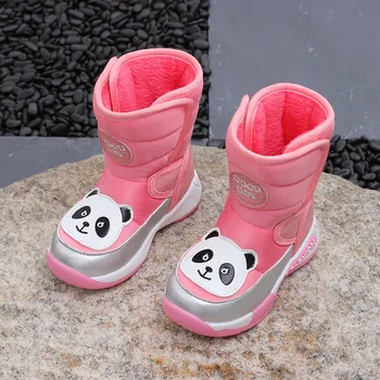 

Kids Waterproof Boots with Cute Pandas Girls Pink Boots for Winter Waterproof Cloth Mid-calf Warm Boots Boys Shoes Fur 21-30