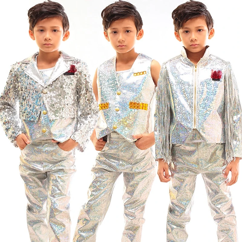 

Jazz Costumes Hip Hop Boys Drums Children Street Dance Model Singer Performance Silver Tassel Laser Leather Pants Suit DNV10053