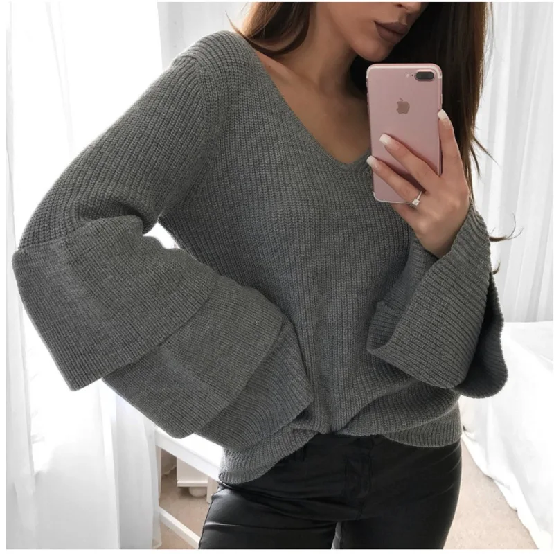 

Amolapha Woman Loose Sweaters Layered Sleeve V Neck Solid Knitted Sweater Pullovers for Elegant Women