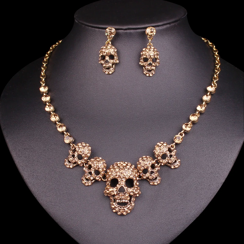 Goede Skelet Choker Ketting Oorbellen Armbanden Sets Vintage Schedel Sieraden Sets Retro Halloween Party Kostuum Sieraden voor Vrouwen