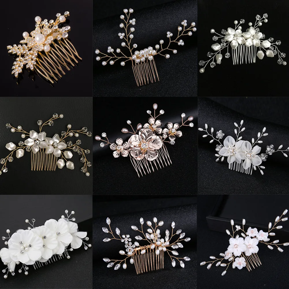

Fashion Wedding Bridal Headpiece Leaf Flower Crystal Pearl Hair Combs Hairpin Women Bridal Headdress Hair Styling Accessories