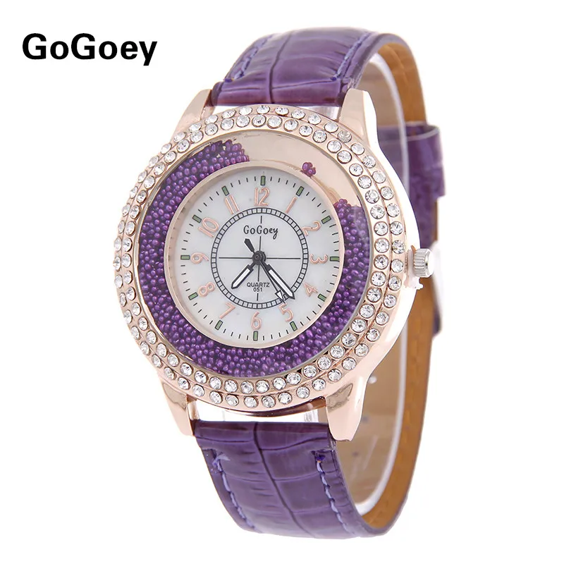 Hot Sales Gogoey brand Rhinestone Beads Leather Watch Women Ladies Crystal Dress Quartz Wristwatch Relogio Feminino go007
