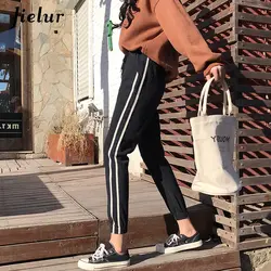 Jielur Harajuku Chic Plus Размеры сбоку полосатые штаны дамы уличной шаровары Для женщин Свободные Штаны с высокой посадкой черный S-5XL челнока