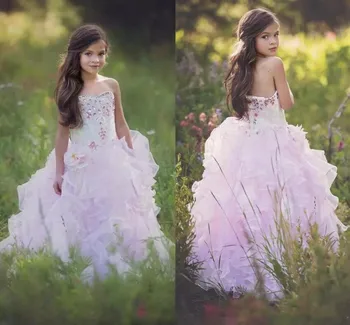 

New Long Flower Girl Dresses For Special Occasion Tiered Ruffle Girls Pageant Gowns With Crystals Rhinestone Open Back Vestido