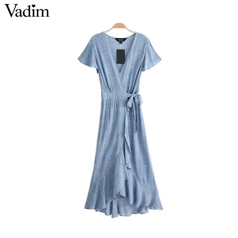 

Vadim women V neck print wrap dress short sleeve bow tie sashes ruffles female casual maxi dresses chic A line vestidos QB999