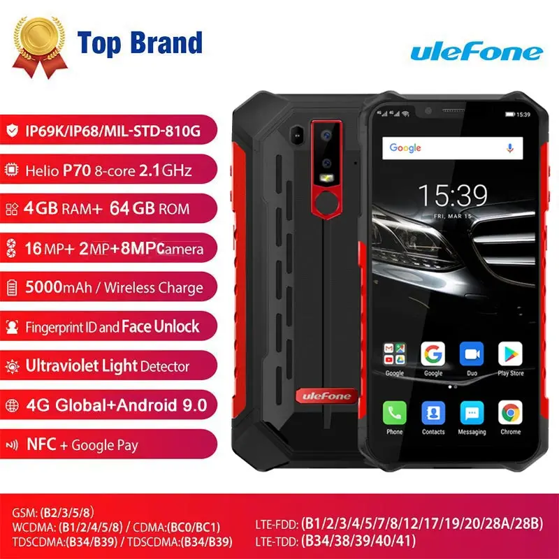 

Ulefone cellphone Armor 6E IP68 Waterproof Mobile Phones Android 9.0 6.2&quot Helio P70 4G+64G Face ID NFC Wireless Charge Rugge