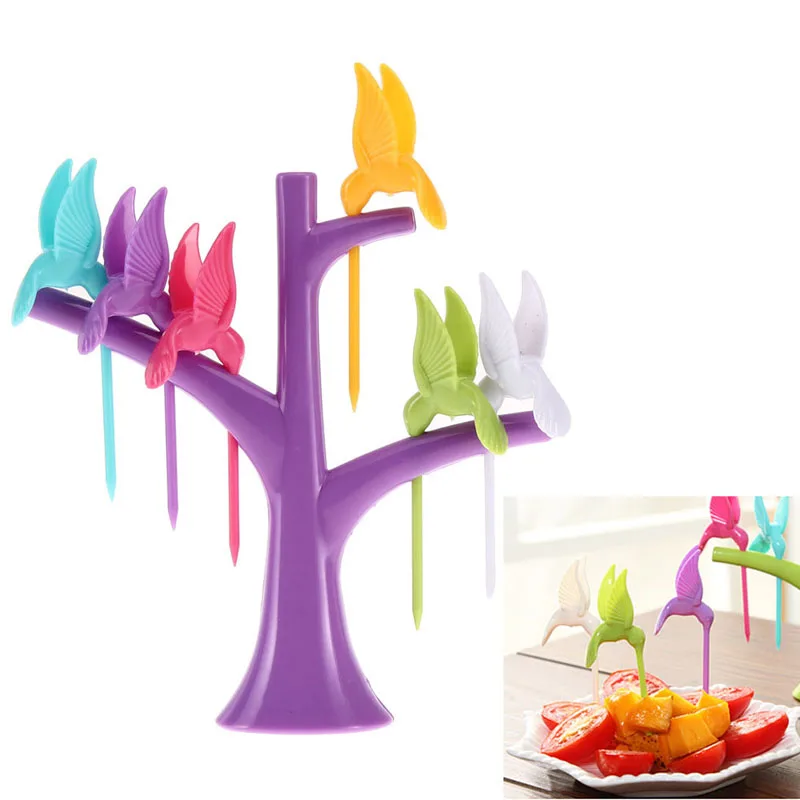 Дерево форма держатель для вилок летающая птица Фрукты Форкс Монтажная подставка+ 6 вилок фрукты Ворк выбор фруктов десерт вилка многофункциональная