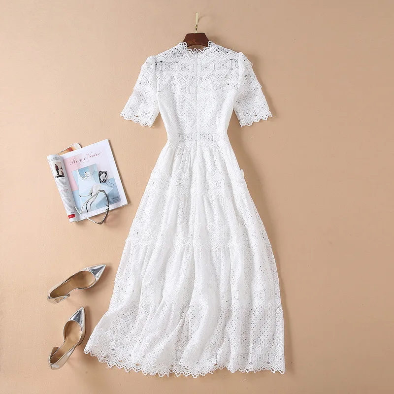 Courtes Rose blanc cou D'o Creux Manches Robe Out Qualité 2019 Femmes Longue D'été Floral Rose Haute Piste blanc À THCv7