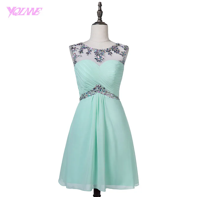 

YQLNNE Sexy Crystals Short Prom Dresses Mint Green Chiffon Knee Length Party Dress