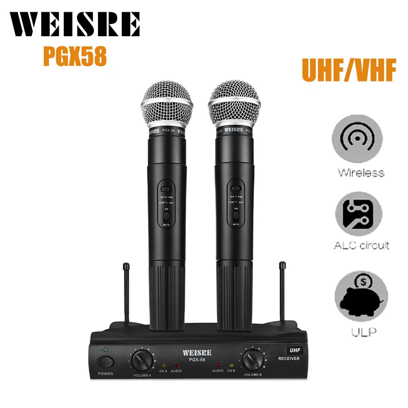 

Professional WEISRE PGX-58 UHF/VHF Dual Wireless Microphone System Dual Handheld 2 x Mic Cordless Receiver For Karaoke Party KTV