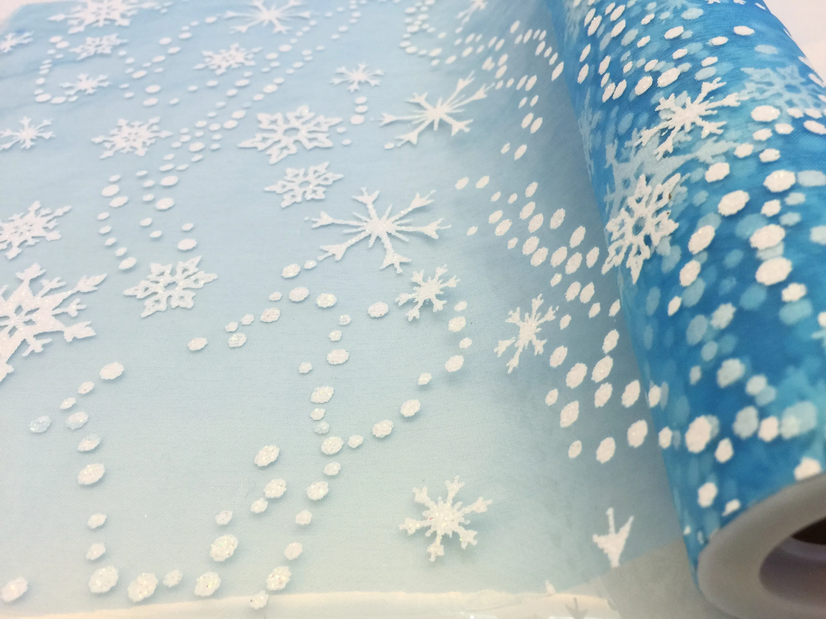 ZLJQ 27cm*10Yards Blue White Glitter Shimmering Snowflake Glitter Frozening Snow Tulle Roll Tutu Skirt Wedding Gift Bow Craft