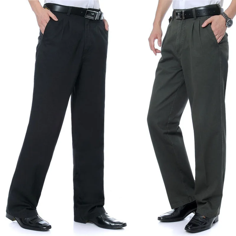 Мужские хлопковые брюки прямые повседневные свободные длинные мужские брюки средней плотности со складками Саржевые карманы размера плюс 31-42 44