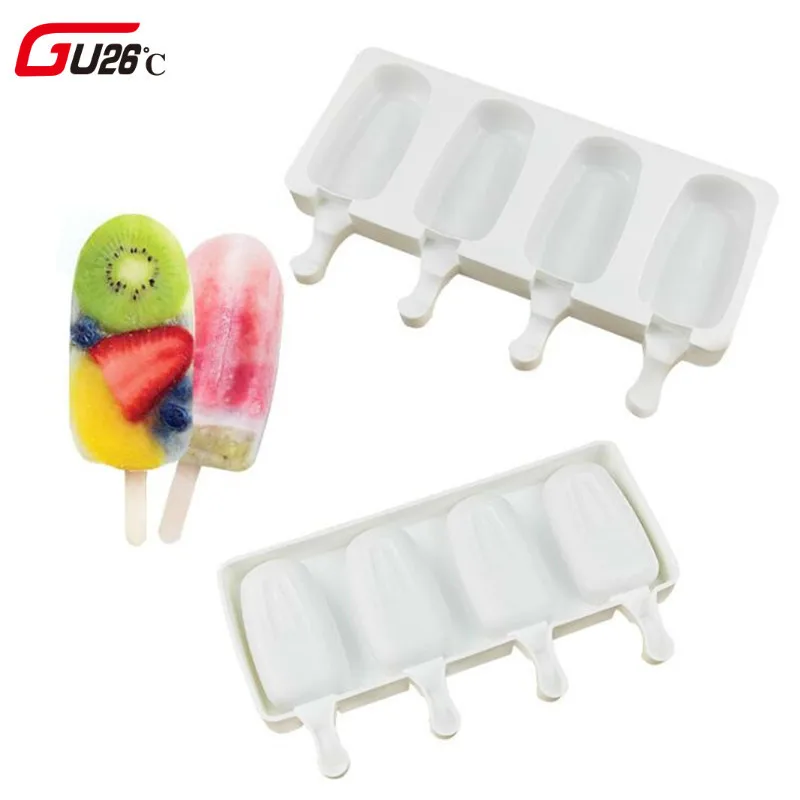 

1Pc 4 Cavity Ice Cream Mold Makers Silicone Thick Material DIY Molds Ice Cube Moulds Dessert Molds Tray With Wood Popsicle