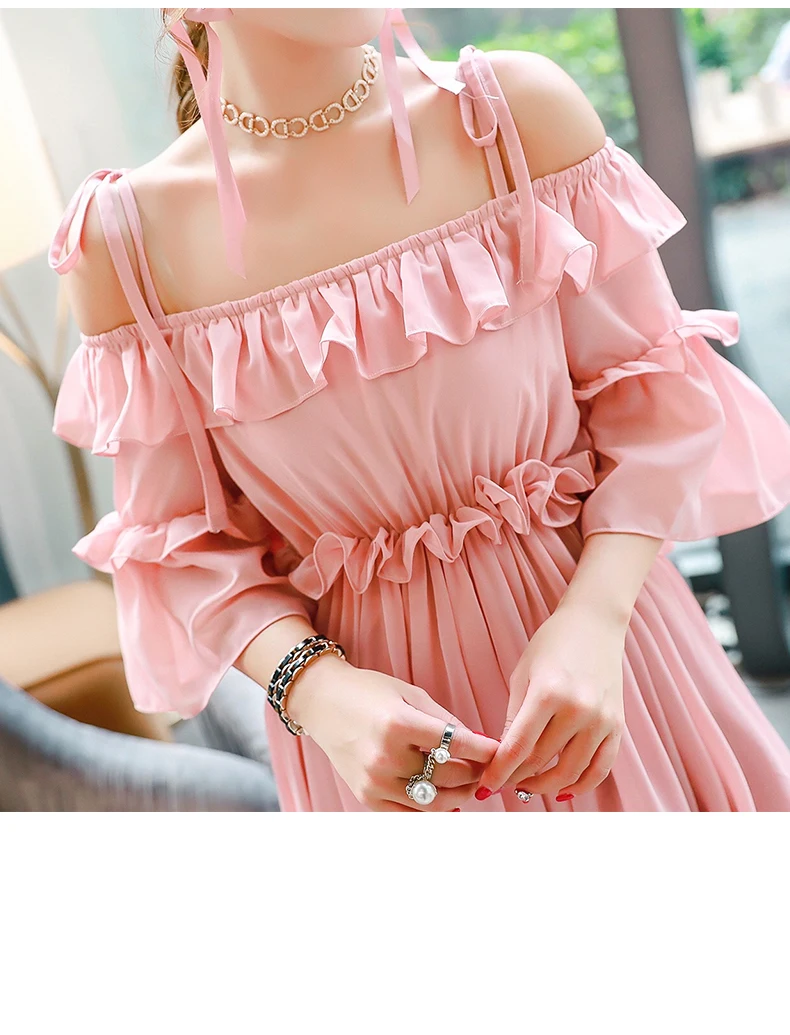 Летний Лидер продаж в богемном стиле Стиль с открытыми плечами рюшами для женщин шифоновое длинное платье розового цвета