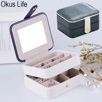 

Portable Travel Small Button Jewelry Box Multifunction Three Layers Storage Organizer Box with mirror Leather Box for Jewelry