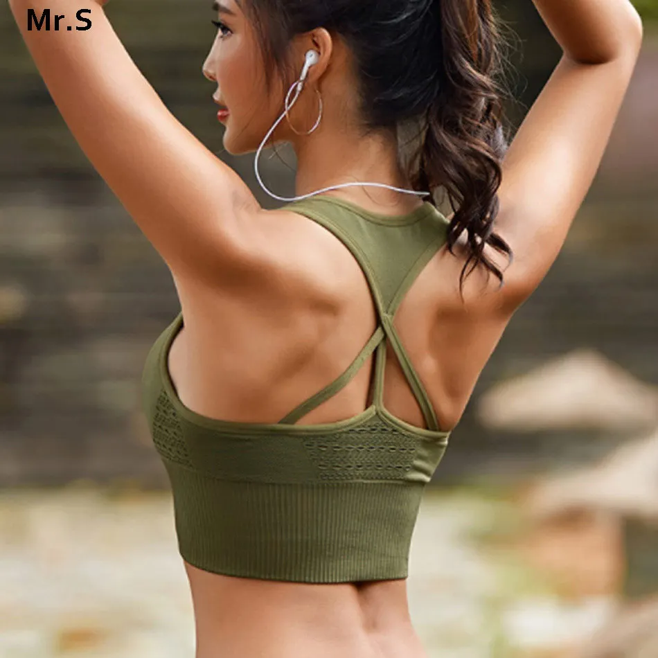 Women's energy seamless sports bra workout army green gym crop top high impact fitness yoga bra brackless strappy sports bra