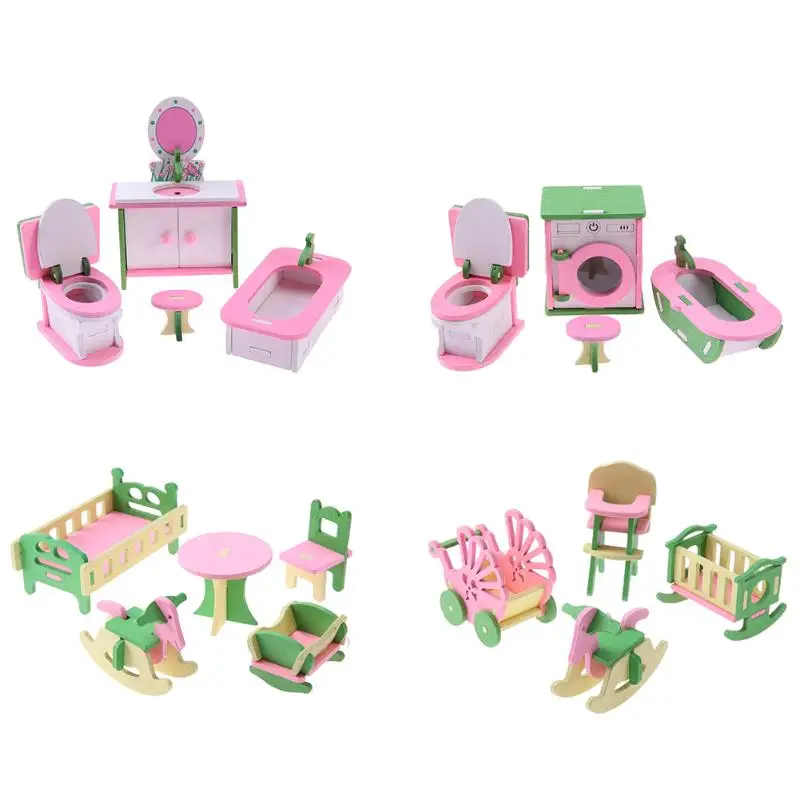 Wooded Mini Furniture Set Kids Pretend Play font b Toy b font Miniature Dollhouse Simulation Chairs