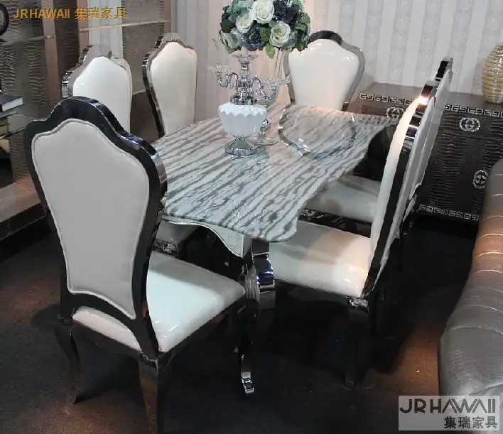 stainless steel Dinning table with dining room set with 6 chairs with marble table top and stainless leather chair