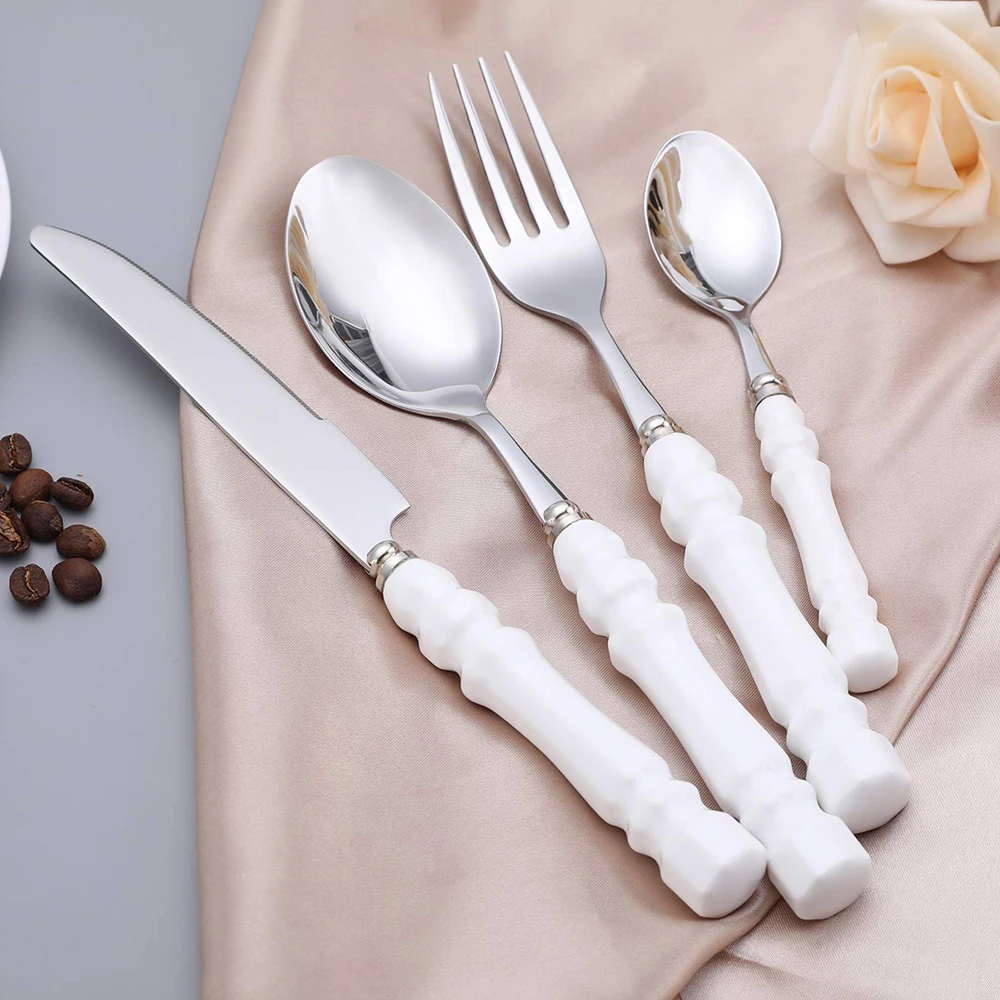  24PCS Cutlery Flatware Set Stainless Steel & Ceramic Tableware Food Set Knife Fork Spoon for Kitche - 32964443559