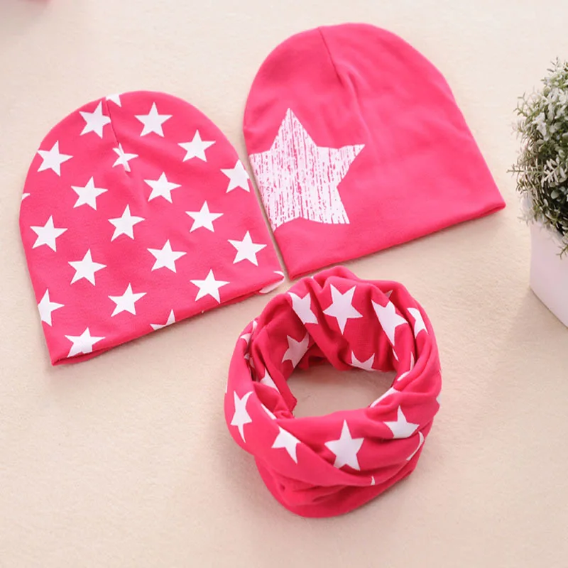 3Pcs/Set Cotton Baby Hat Scarf Autumn Winter Star Prints Children Scarf-Collar Beanie Baby Boy Girl Warm Cap Scarves