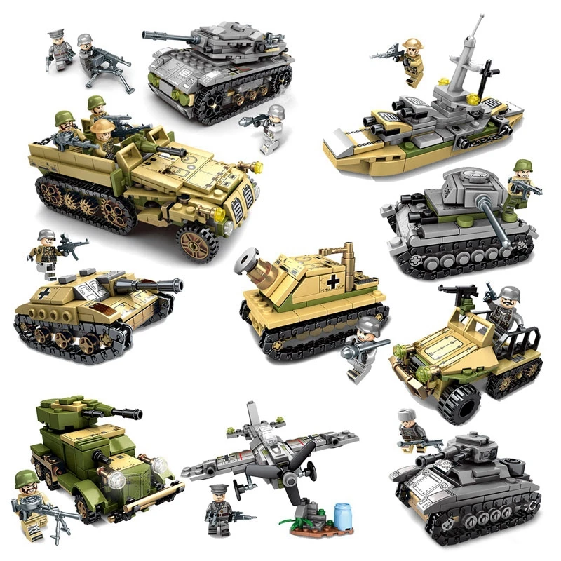 

1061+pcs set Military Soldiers War Force WW2 with Weapon Russia UK Tank Fighter Building Bricks Blocks Gifts Toys for Children
