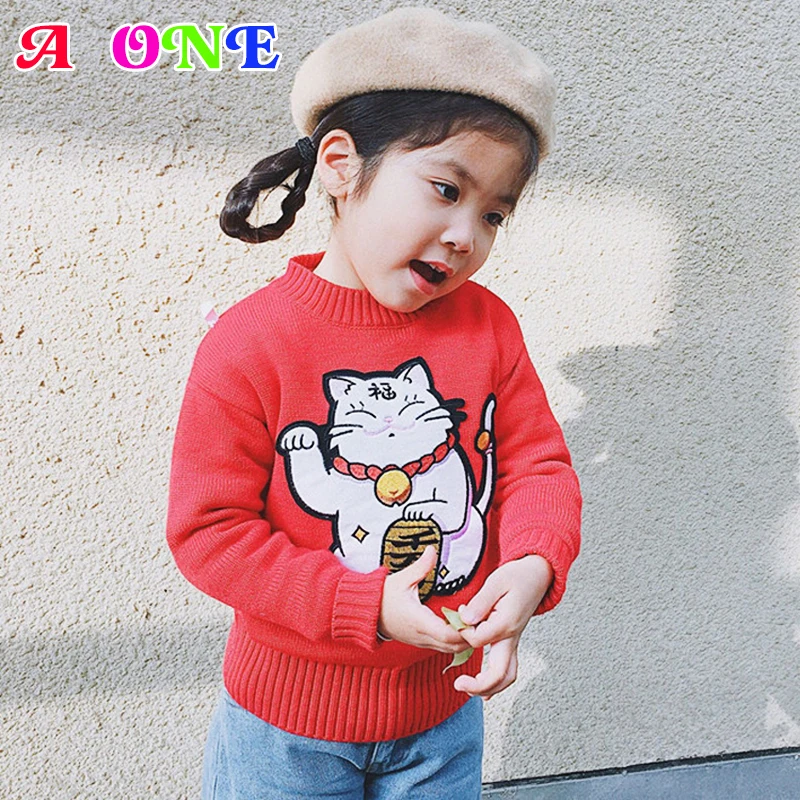 

Autumn Spring Winter cartoon cute cat jacquard turtleneck o neck baby girls knitwear kids sweater children top clothes 1-7 yrs