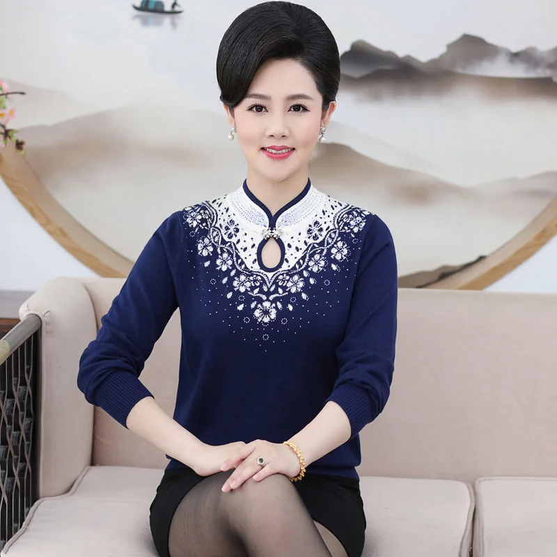 

High Quality Middle Aged Women Sweater Long Sleeve Pullover Winter Tops Printed Cashmere Sweater Autumn Female Sweater Plus Size