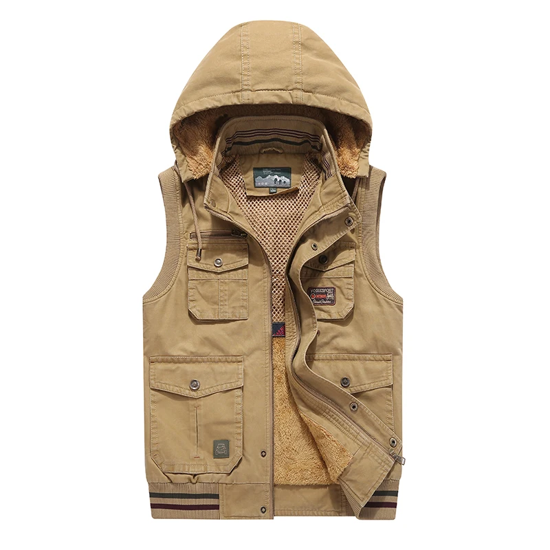 

Fur Hood Sleeveless Vest Men Fleece Warm Jacket Waistcoat Travel Multi Pocket Quality Tactical Military Thick Male Jacket 8XL 9X