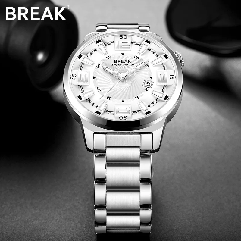 BREAK Men Top Luxury Brand Stainless Steel Band Fashion Casual Analog Quartz Sports Wristwatches Calendar Dress Gift Watches