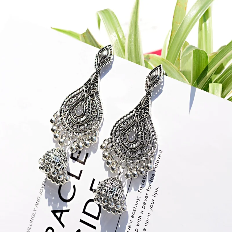 OIQUEI женские индийские серьги Jhumka богемные этнические металлические полые резные