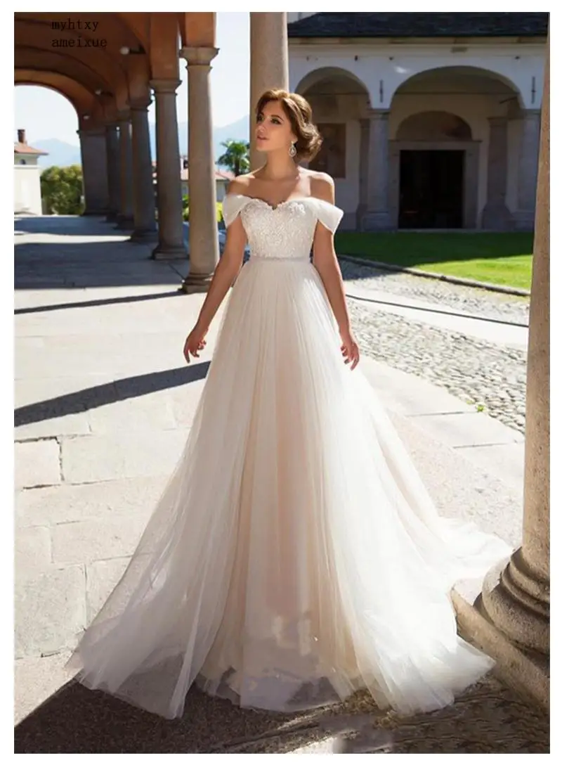 

Cheap Boho Wedding Dress Off The Shoulder Fairy A Line Vintage Princess Wedding Gown Tulle Beach Bride Dress 2020 Robe De Mariee