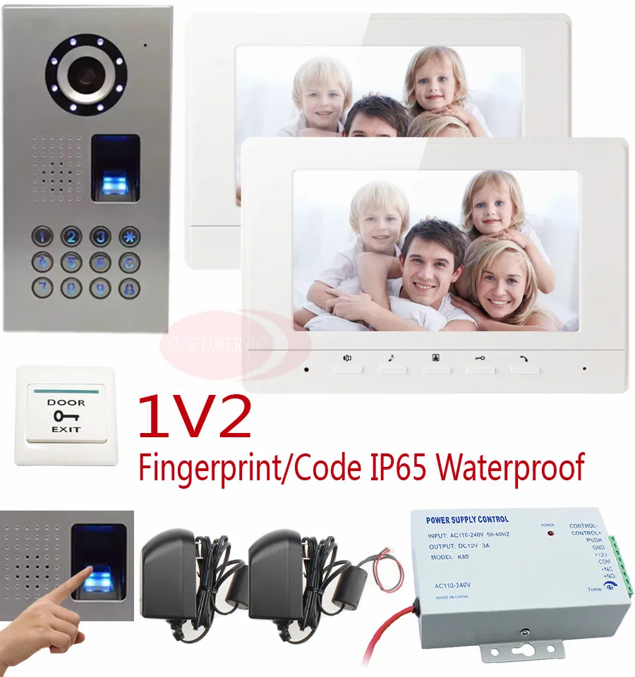 

7Inch Color Video Door Phone Video Door bell Intercom Monitor Kit IR Night Vision Camera Doorbell Fingerprint/code unlock 1v2