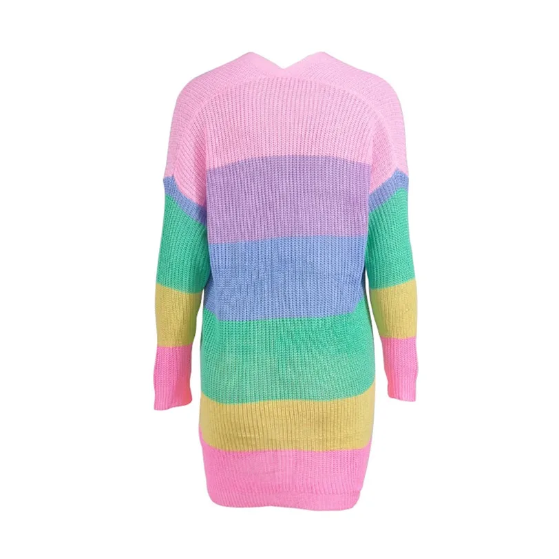 Fashion Plus Size Cardigan Women Long Sleeve Sweater Rainbow Stripe Cardigans Sweater Coat Casual Roupas Feminina #F#40NV01 (1)