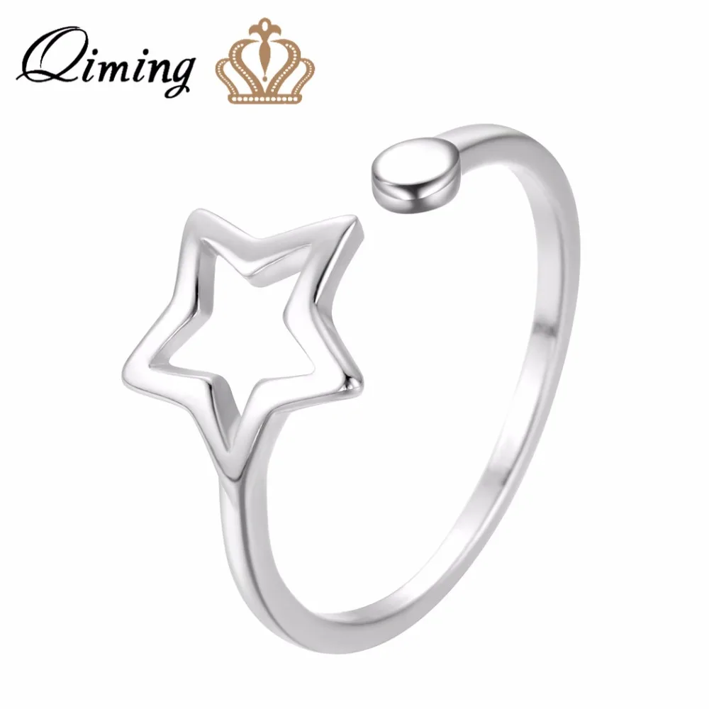 

QIMING Silver Elegant Women Star Rings For Girls Birthday Gift Lovely Hollow Out Adjustable Open Statement Ring Jewelry