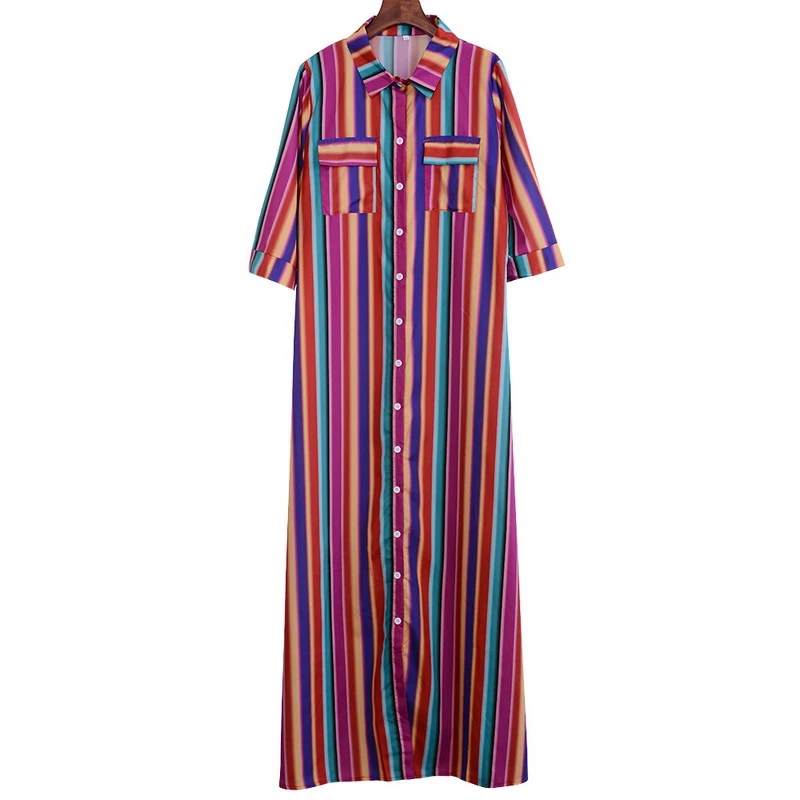 

Laamei Summer Women Dresses Maxi Short Sleeve Women Colorful Striped Print Shirt Bohemia Beach Long Dress 2019 New