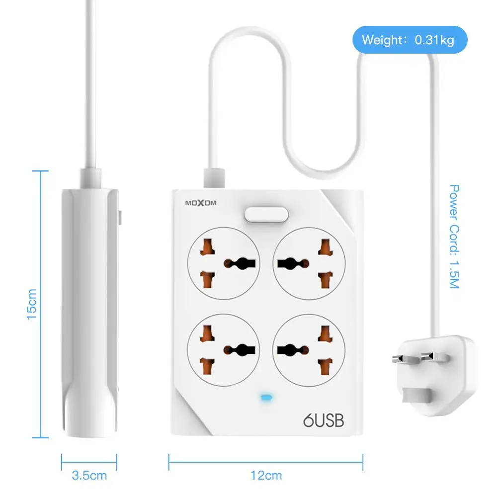 Удлинитель MOXOM с 6 USB портами и 4 стандартными розетками для быстрой