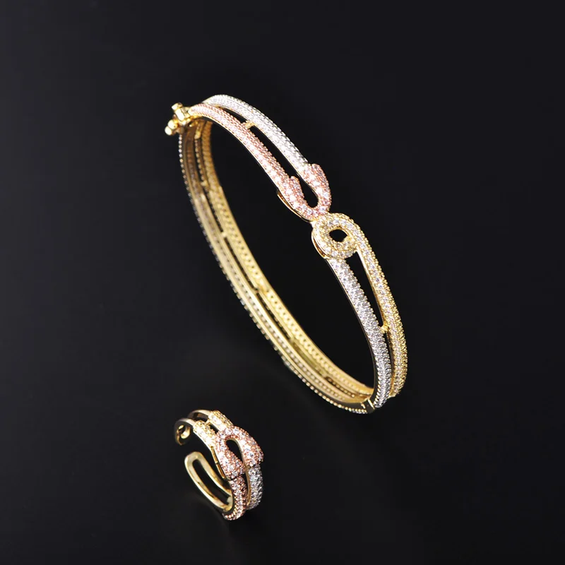 

Dazz Luxury Double Layer 3 Color Copper Zircon Hollow Out Jewelry Sets Women Wedding Banquet Party Ring Bangle Accessories Gifts
