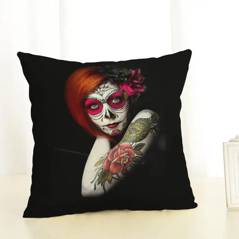 Terrorible Zara*Women Printed Flowers Cushion Cover 45x45cm Linen Black And White People Throw Pillow Covers Tattoo Woman Pillow