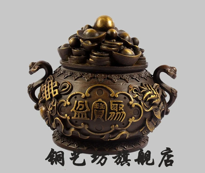 

6" China Bronze Treasure Bowl Ruyi Wealth Ingot Yuanbao Money Statue