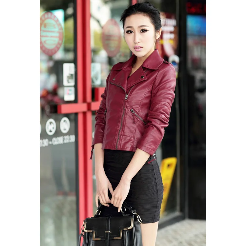

Temperament commuter lady PU imitation leather lapel short solid color Slim coat motorcycle suit leather jacket free shipping