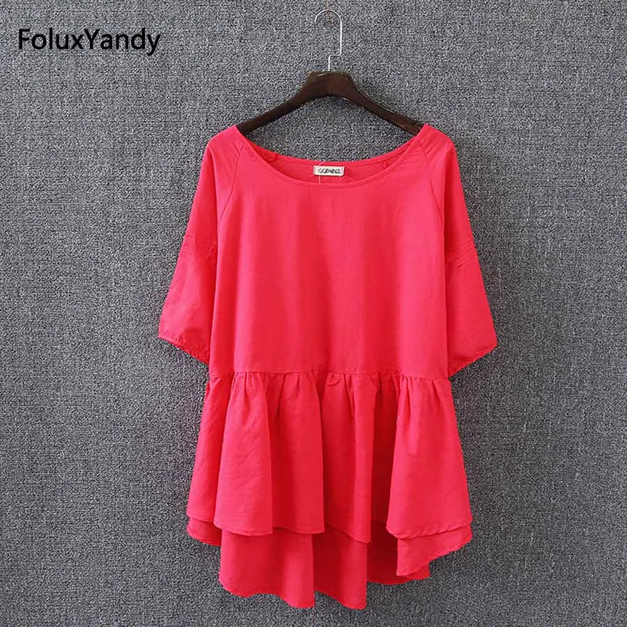 

Ruffles Blouse Women Brand New Summer Style Casual Cotton and Linen Round Neck Short Sleeve Blouse Plus Size 3 XL KK2935