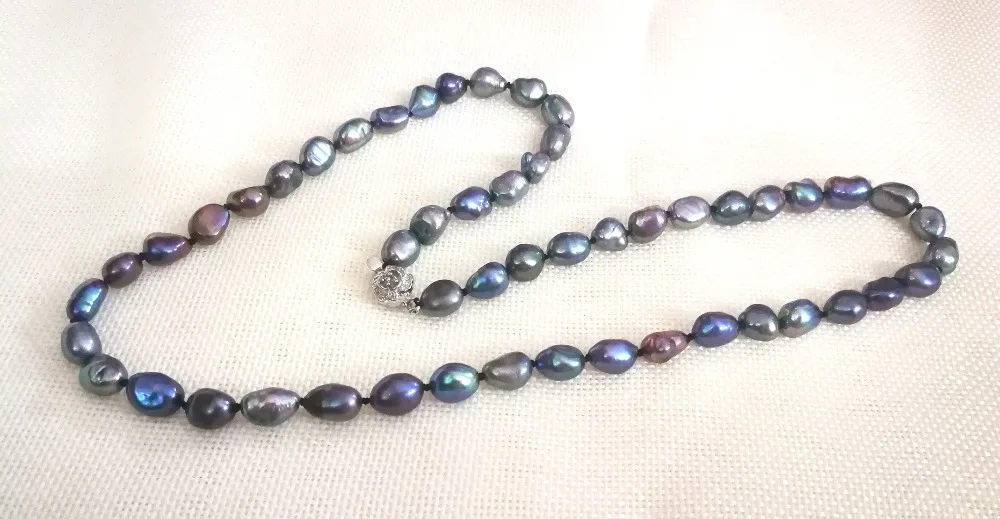 

20'' 50cm Women Jewelry necklace 9x10mm black blue gray green baroque pearl handmade Real cultured freshwater pearl