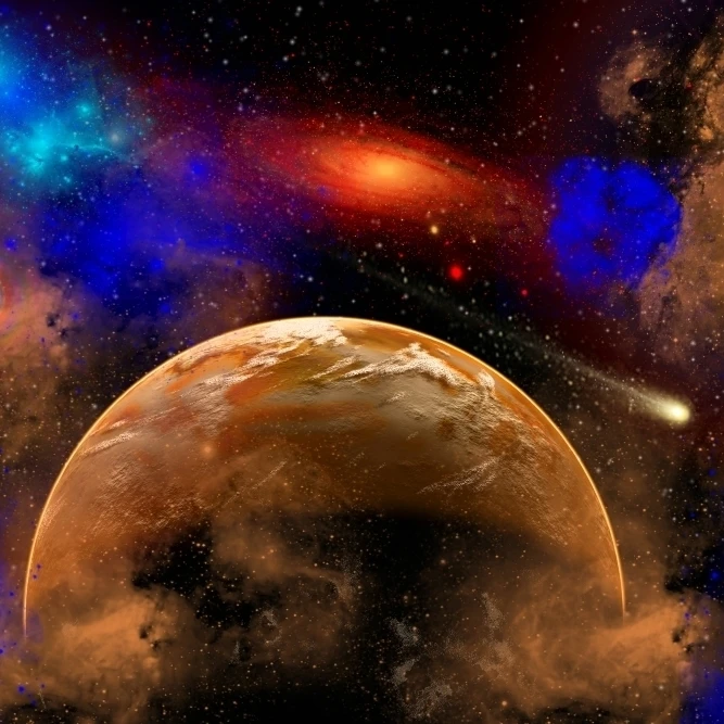 A colorful star system illuminated by different colored nebula gases Poster Print (34 x 22)