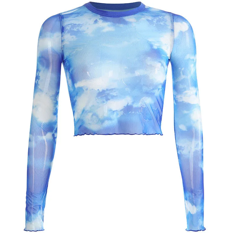 

New Sexy Fashion Exposed Umbilical Slim T-shirt Female Digital Printing Blue Sky White Cloud Printing Transparent Mesh Shirt